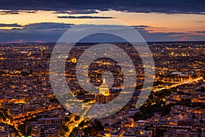 Panorama of Paris city from the Montparnasse tower at dusk. France