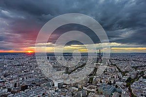 Panorama of Paris at dramatic sunset. France