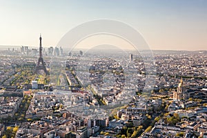 Panorama of Paris with Eiffel Tower against sunset in France