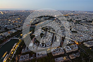 Panorama of Paris in the evening from the height of bird flight at sunset