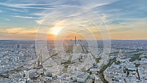 Panorama of Paris at sunset timelapse. Eiffel tower view from montparnasse building in Paris - France