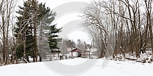 Panorama of the park containing Shaeffer Campbell Covered Bridge