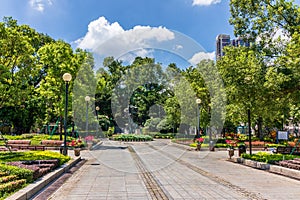 Panorama of Park Garden, Jardim Luis de Camoes with central monument. Santo AntÃÂ³nio, Macao, China. Asia photo