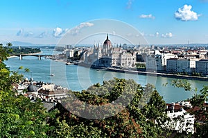 Panorama on Parliament of Budapest and Danube river in Hungary.