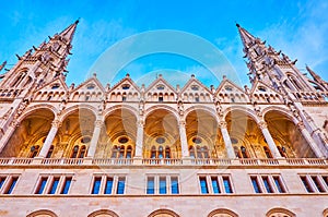 Panorama of Parliament from Jozsef Antall embankment, Budapest, Hungary