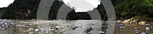 A panorama of the Pastaza river, a large ropical river running along two high cliffs