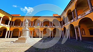 Panorama of Pavia University court with Alessandro Volta statue, Italy