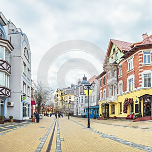 Panorama of the pedestrian street Kurortny prospect in Zelenogradsk, Russia, square photo