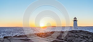 Panorama of Peggys Cove Lighthouse at Sunset