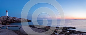 Panorama of Peggys Cove's Lighthouse after Sunset (Nova Scotia,