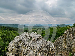 Panorama of the peninsula Tihany, Hungary, country side.Blick on the Benedictine abbey and the crater lake with deep gray