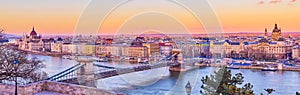 Panorama of Pest district from the Castle Hill  in bright evening lights, Budapest, Hungary