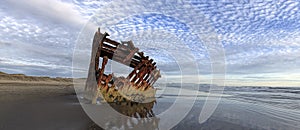 Panorama of Peter Iredale shipwreck in Oregon.