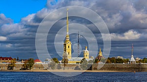 Panorama of the Peter and Paul Fortress in Saint Petersburg with the Neva river