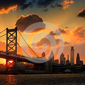 Panorama of Philadelphia skyline, Ben Franklin Bridge and Penn's