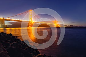 Panorama photo of Golden Gate Bridge at night time, San Francisco