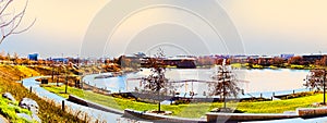 Panorama photoart Fall colors around lake and fountain in Heartland of America Park Omaha Nebraska