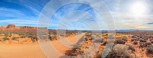 Panorama picture of dirt road in Arizona desert