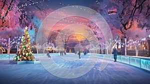 A panorama of a picturesque ice skating rink surrounded by frosted trees