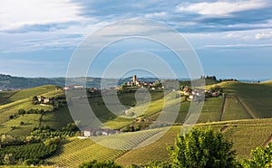 Panorama of Piedmont vineyards and Barbaresco town