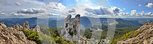 Panorama with the Pietrele Doamnei - Lady`s Stones - in Rarau mountains, Romania, Europe