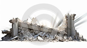 Panorama. A pile of concrete gray fragments of a destroyed building huge support beam generative ai