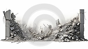Panorama. A pile of concrete gray fragments of a destroyed building huge support beam generative ai