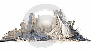 Panorama. A pile of concrete gray fragments of a destroyed building huge support beam generative ai