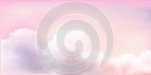 Panorama Pink sky and white cloud detail. Sugar cotton pink clouds for design.Summer heaven with colorful clearing sky.