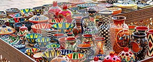 Panorama of Plates and pots on a street market in Bukhara, Uzbekistan