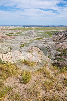 Panorama Point Overlook in Badland national park during summer. Transition from grassland to valley. Landscape South Dakota.