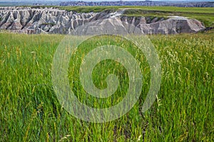 Panorama Point Overlook in Badland national park during summer. Transition from grassland to valley. Landscape South Dakota.