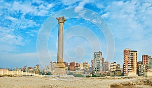 Panorama of Pompey`s Pillar of Amoud Al Sawari, Alexandria, Egyp