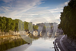 Panorama Ponte Sant Angelo Bridge over the Tiber River in Rome in Italy.