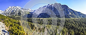 Panoráma Popradského plesa, Popradské pleso, veľmi obľúbená turistická destinácia v Národnom parku Vysoké Tatry, Slovensko.