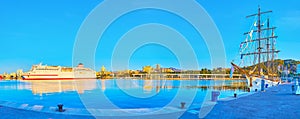 Panorama of port with cruise liner and sail ship, Malaga, Spain