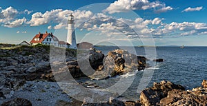 Panorama of Portland Head Light at sunset in Cape Elizabeth, Maine, USA.