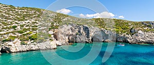 Panorama of Porto Limnionas beach in Zakynthos island in Greece.