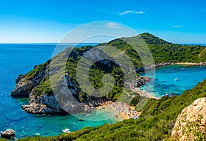 Panorama of Porto Timoni beach at Greek island Corfu