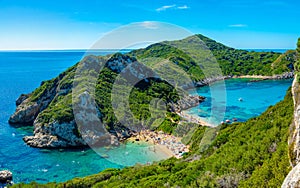 Panorama of Porto Timoni beach at Greek island Corfu