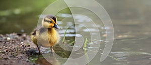 Panorama, Portrait of a duckling on the river bank. A cute duckling swims in the water. Close-up. Farm animals or birds