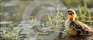 Panorama, Portrait of a duckling on the river bank. A cute duckling swims in the water. Close-up. Farm animals or birds