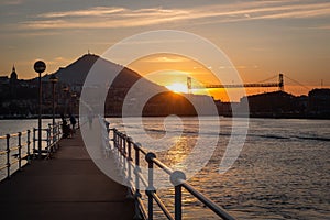 Panorama of Portugalete and Getxo with Hanging Bridge of Bizkaia at sunset, Basque Country, Spain