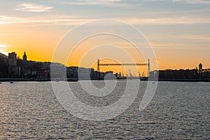 Panorama of Portugalete and Getxo with Hanging Bridge of Bizkaia at sunset, Basque Country, Spain