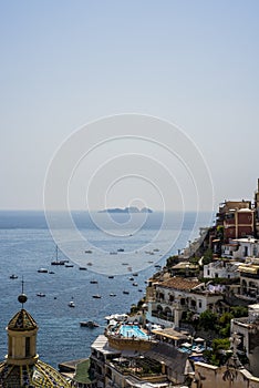 Panorama of Positano with houses climbing up the hill, Campania, Italy