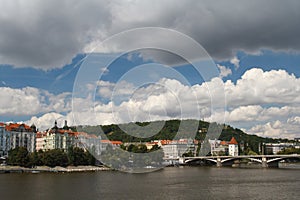 Panorama of Prague. Beautiful architecture, Vltava river and Jirasek bridge photo