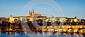 Panorama of Prague castle and Charles bridge by night Czech republic