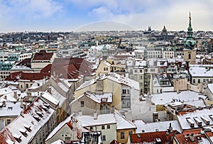 Panorama of Prague with its houses and landmarks in winter