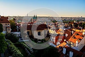 Panorama of Prague Lesser town, palace garden, and St. Nikolas church