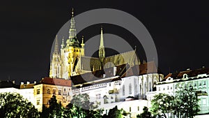 Panorama of Prague Old Historical Castle During Night, Hradcany, Czech Republic